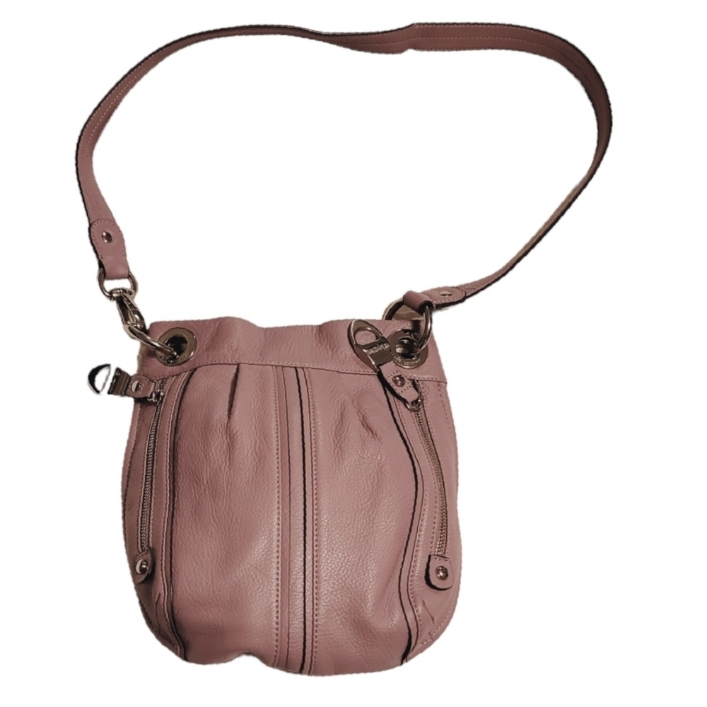 B. Makowsky Pebbled Leather Slim Crossbody Designer Bag Purple w/Leopard Lining